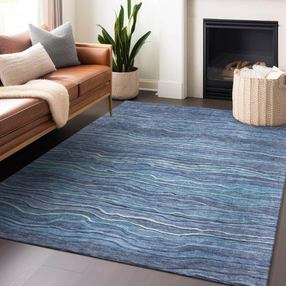 Faerain Blue Washable Indoor-Outdoor Rug