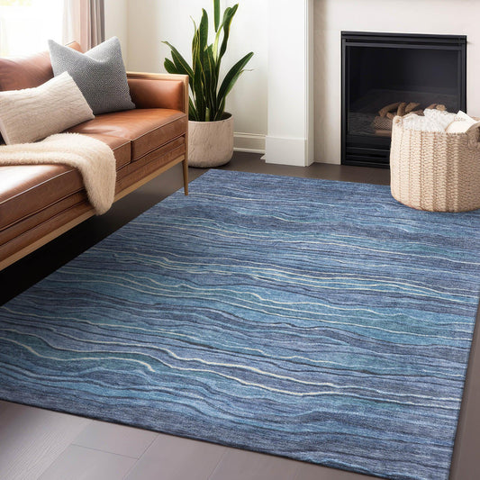Faerain Blue Washable Indoor-Outdoor Rug