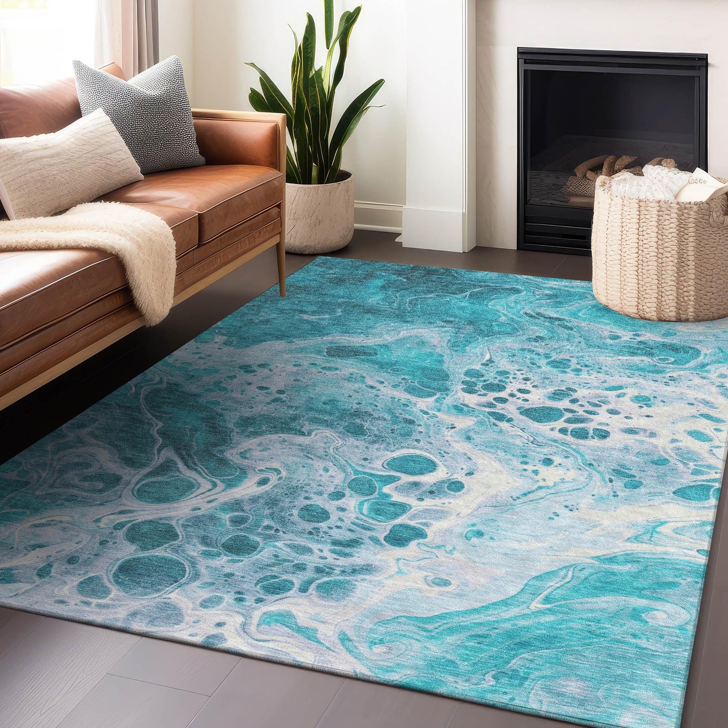Faerara Teal Washable Indoor-Outdoor Rug
