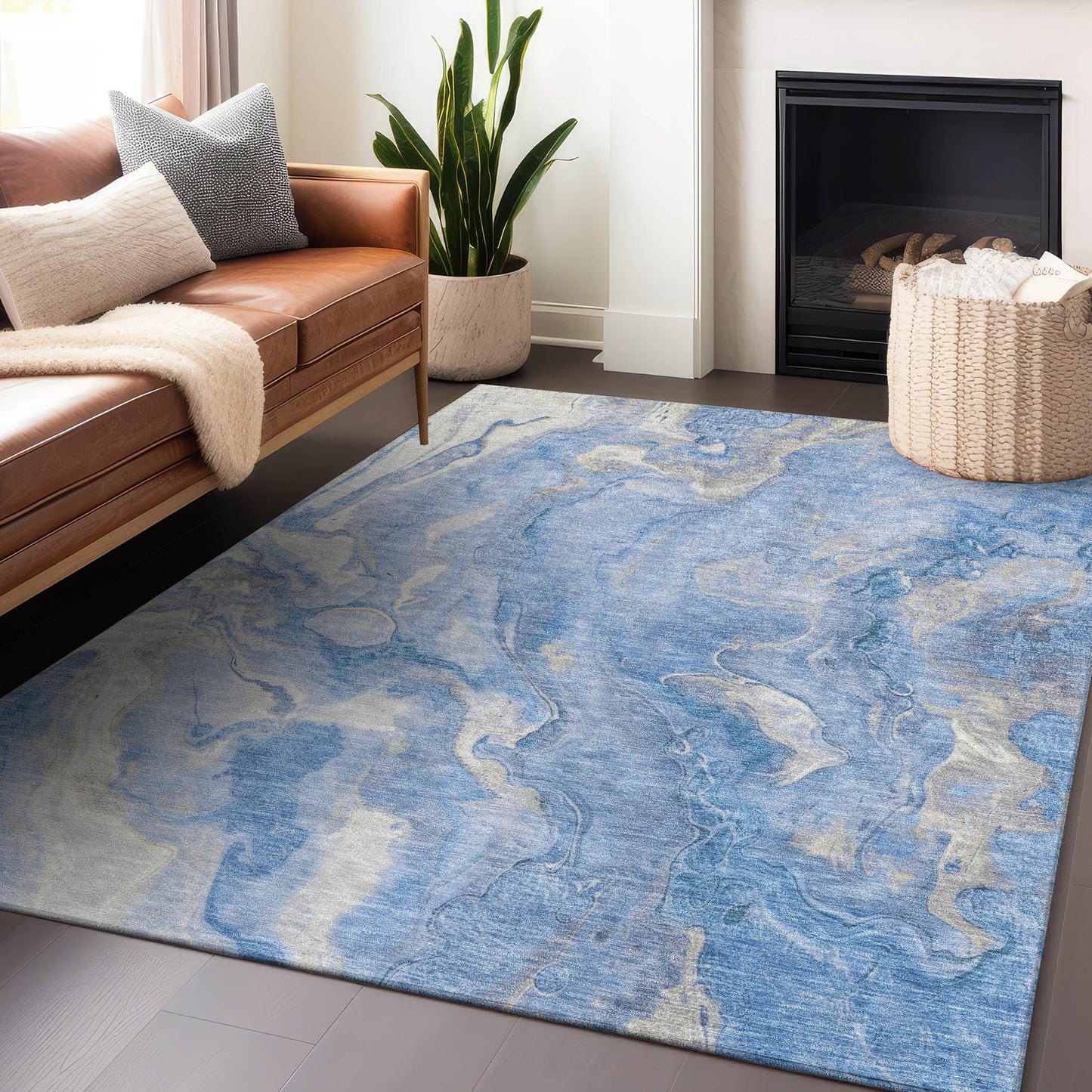 Faerel Blue Washable Indoor-Outdoor Rug