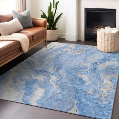 Faerel Blue Washable Indoor-Outdoor Rug