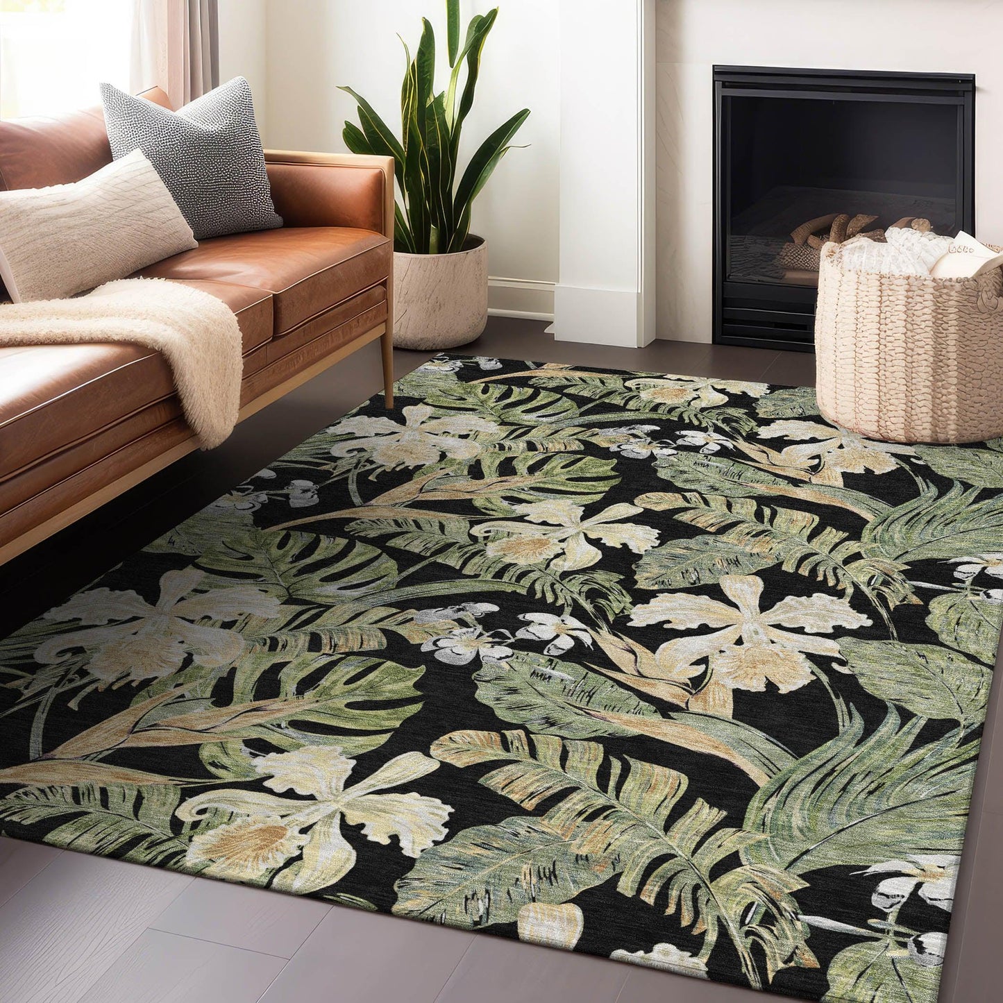 Faereth Black Washable Indoor-Outdoor Rug