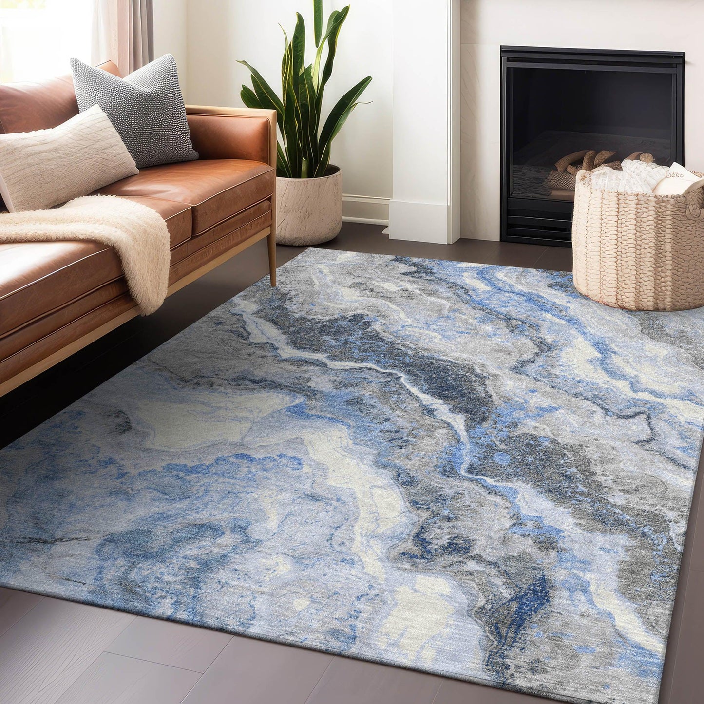 Faeriel Blue Washable Indoor-Outdoor Rug