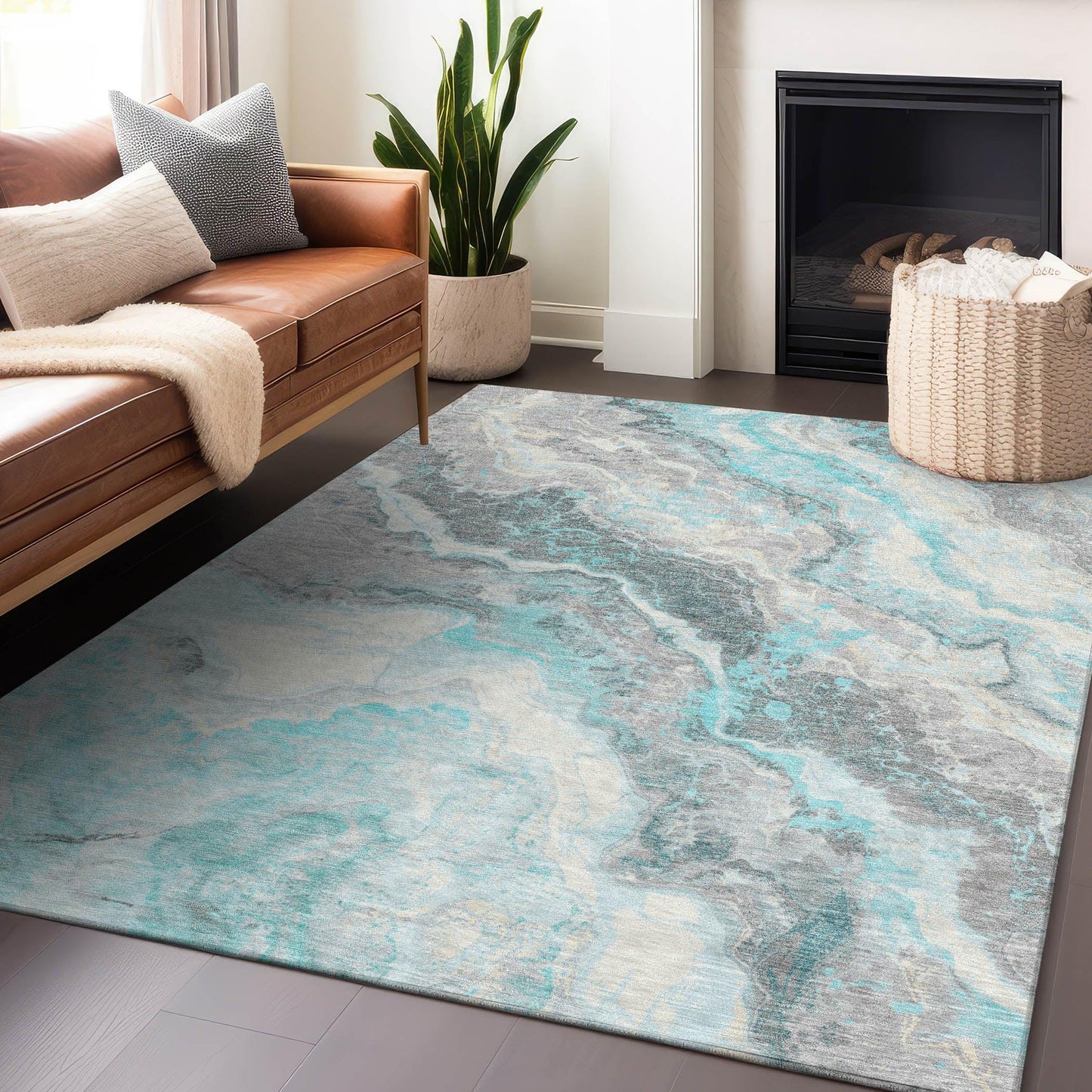 Faeriel Teal Washable Indoor-Outdoor Rug