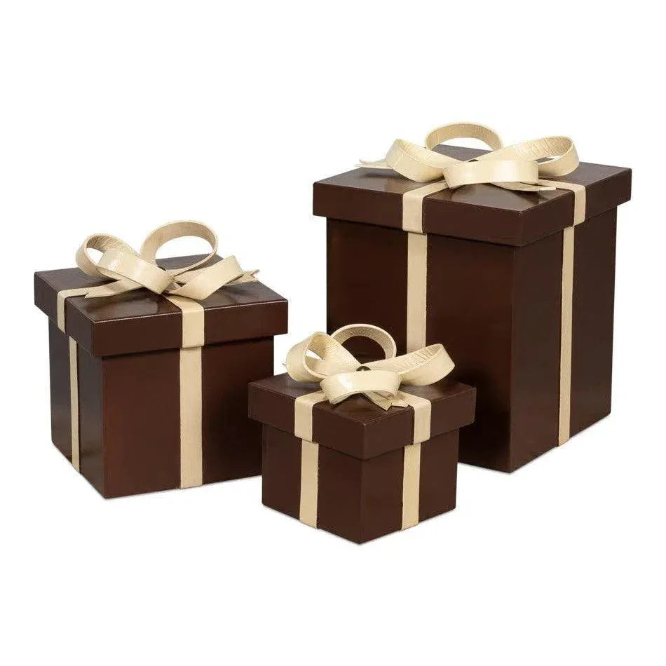 Ferrell Leather Chocolate Brown Holiday Boxes 3PC - LOOMLAN - Sarreid - Boxes & Bowls