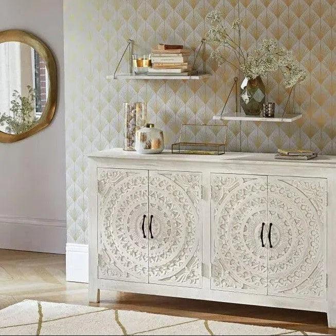 68" White Mandala 4 Door Credenza Boho Chic - LOOMLAN - LOOMLAN - Sideboards