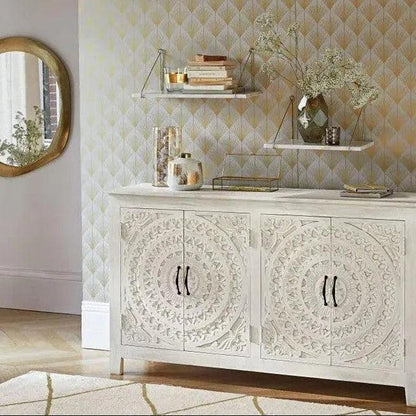 64" White Mandala 4 Door Credenza Boho Chic - LOOMLAN - LOOMLAN - Sideboards
