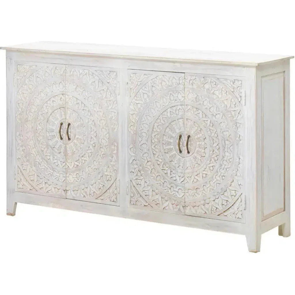 68" White Mandala 4 Door Credenza Boho Chic - LOOMLAN - LOOMLAN - Sideboards