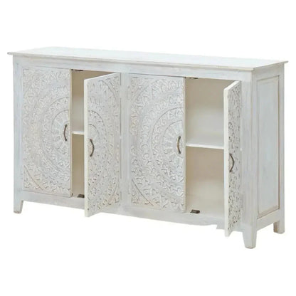 64" White Mandala 4 Door Credenza Boho Chic - LOOMLAN - LOOMLAN - Sideboards