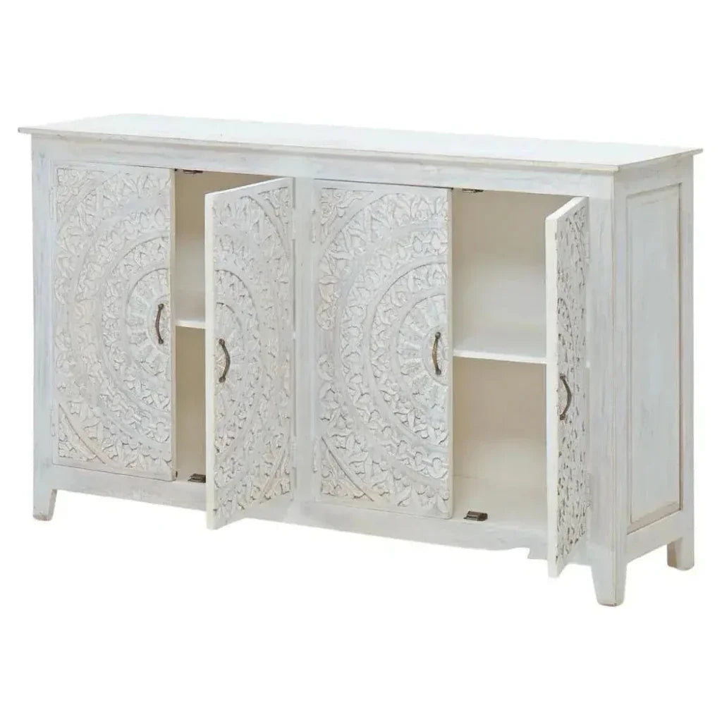 68" White Mandala 4 Door Credenza Boho Chic - LOOMLAN - LOOMLAN - Sideboards