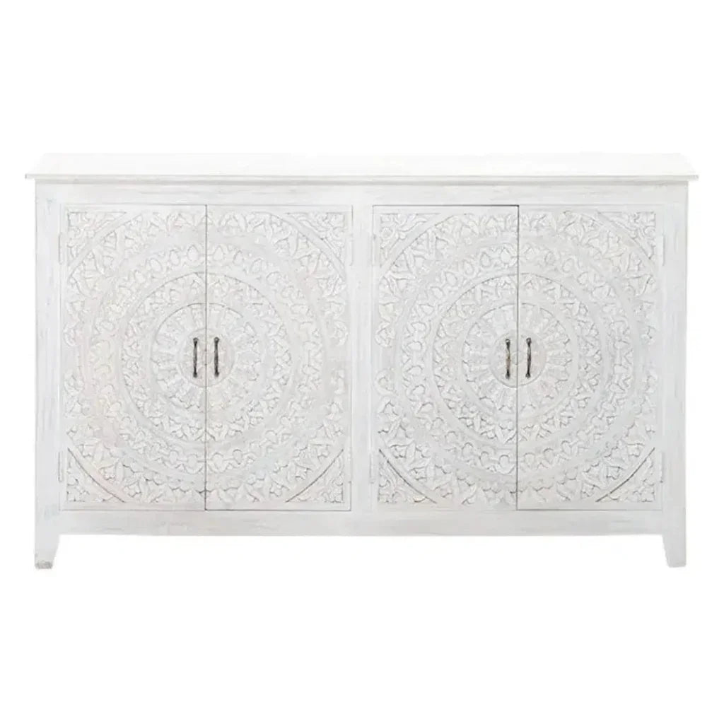64" White Mandala 4 Door Credenza Boho Chic - LOOMLAN - LOOMLAN - Sideboards