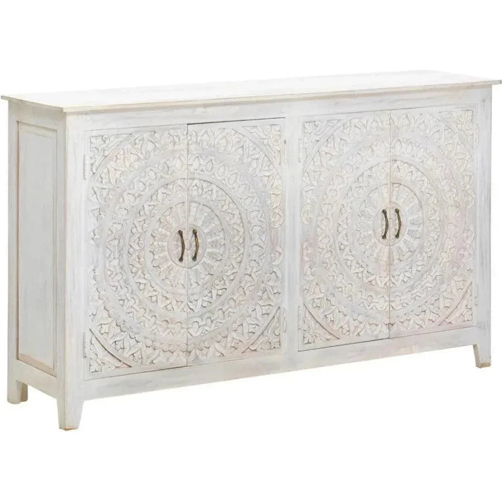 64" White Mandala 4 Door Credenza Boho Chic - LOOMLAN - LOOMLAN - Sideboards