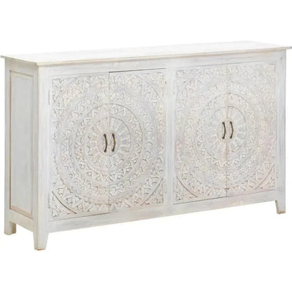 64" White Mandala 4 Door Credenza Boho Chic - LOOMLAN - LOOMLAN - Sideboards