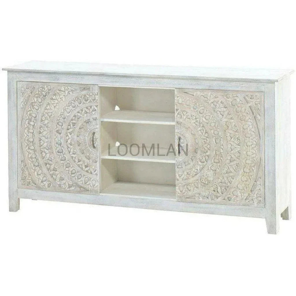 Boho White TV Stand with Sliding Doors - LOOMLAN - LOOMLAN - TV Stands & Media Centers