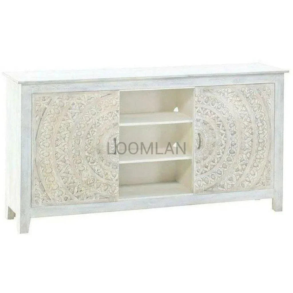 Boho White TV Stand with Sliding Doors - LOOMLAN - LOOMLAN - TV Stands & Media Centers