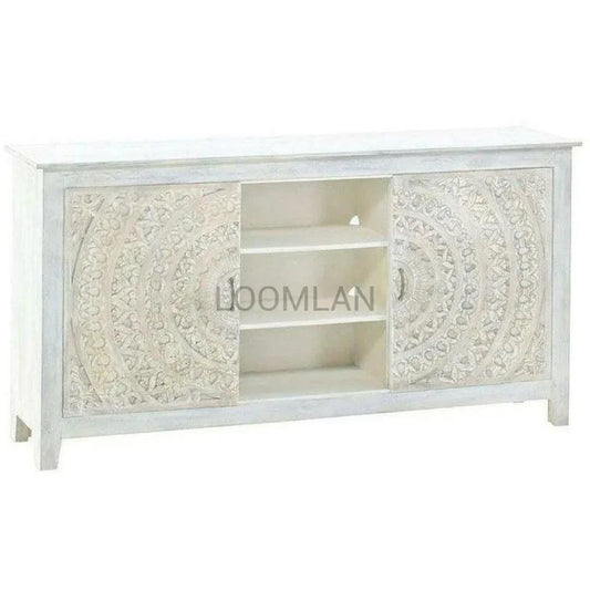 Boho White TV Stand with Sliding Doors - LOOMLAN - LOOMLAN - TV Stands & Media Centers