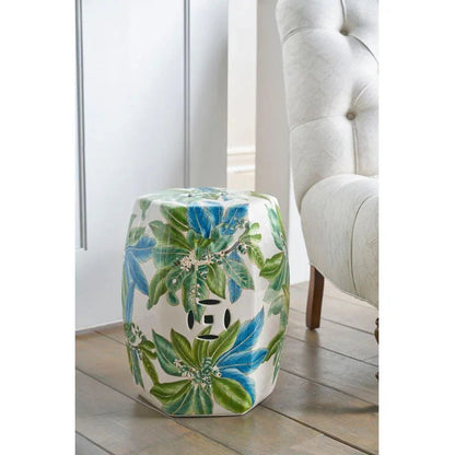 Floral White Glazed Porcelain Outdoor Garden Stool-Garden Stools-Chelsea House-LOOMLAN