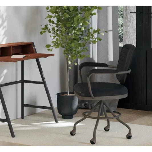 Foster Swivel Desk Chair Grain Black Leather-Office Chairs-Moe's Home-LOOMLAN