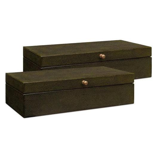 Gastsburg Leather & Paper Liner Green Shagreen Box 2PC - LOOMLAN - Sarreid - Boxes & Bowls
