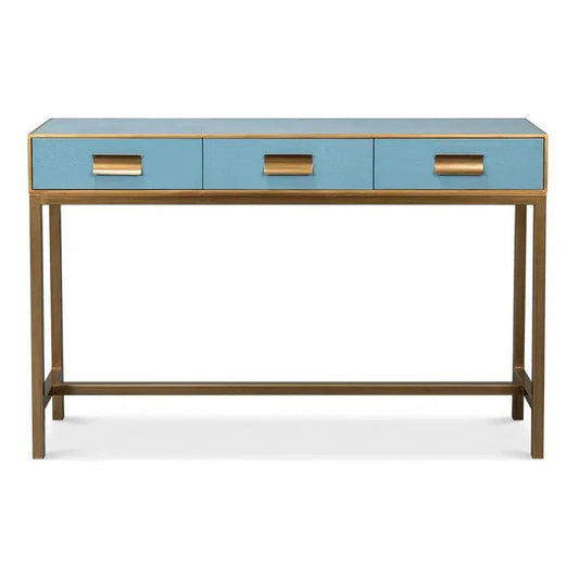 Gideon Wood & Shagreen Leather Blue Sofa Table - LOOMLAN - Sarreid - Console Tables