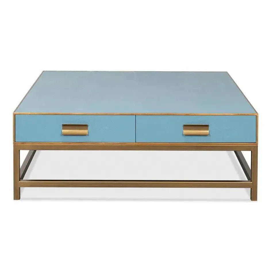 Gideon Wood & Shagreen Leather Blue Square Coffee Table - LOOMLAN - Sarreid - Coffee Tables