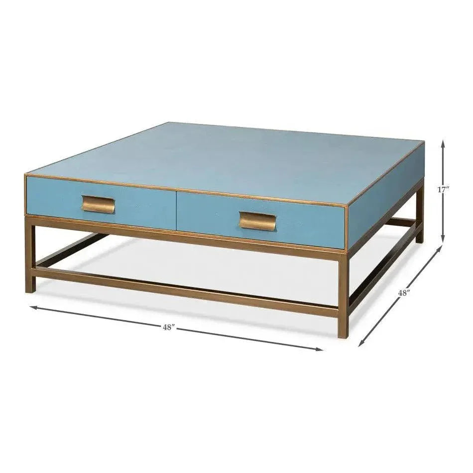 Gideon Wood & Shagreen Leather Blue Square Coffee Table - LOOMLAN - Sarreid - Coffee Tables