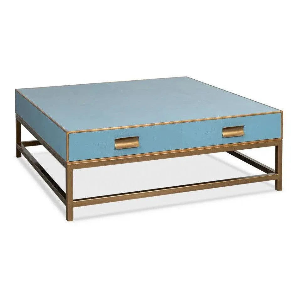 Gideon Wood & Shagreen Leather Blue Square Coffee Table - LOOMLAN - Sarreid - Coffee Tables