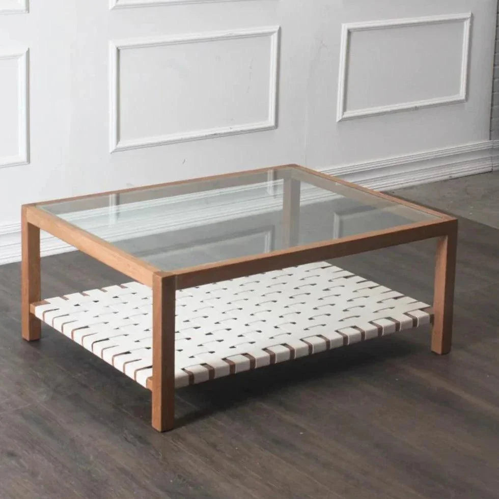 Glass & Leather Coffee Table Peyton Storage - LOOMLAN - Peninsula Home - Coffee Tables