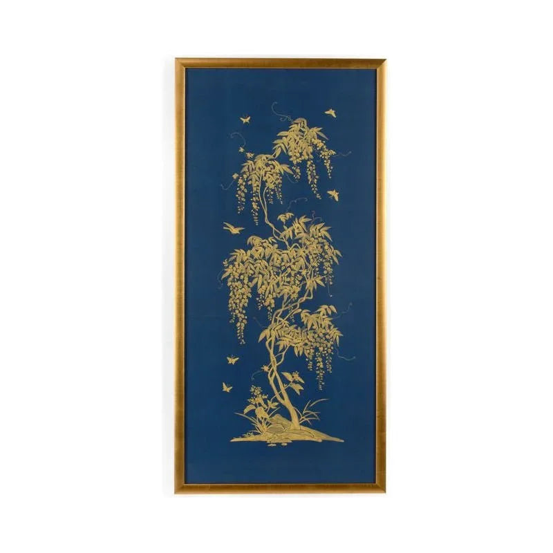 Gold Flowering Tree On Blue Background Artwork-Framed Wall Art-Chelsea House-Tree On Blue A-LOOMLAN