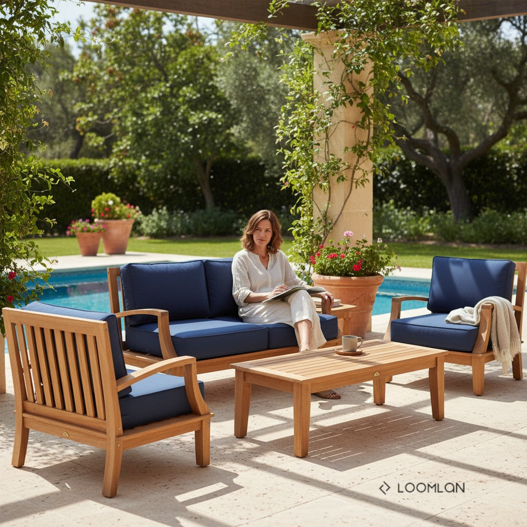 Grande Teak Patio Deep Sofa Set with Sunbrella 4PC