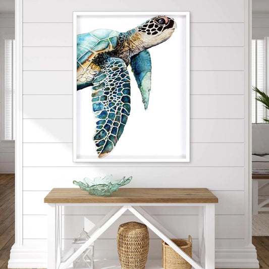 Great Sea Turtle Wood Turquoise Framed Wall Art