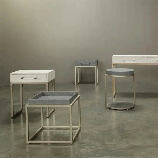 Grey Leather Round Mid Century Side Table Shelf - LOOMLAN - Jamie Young - Side Tables