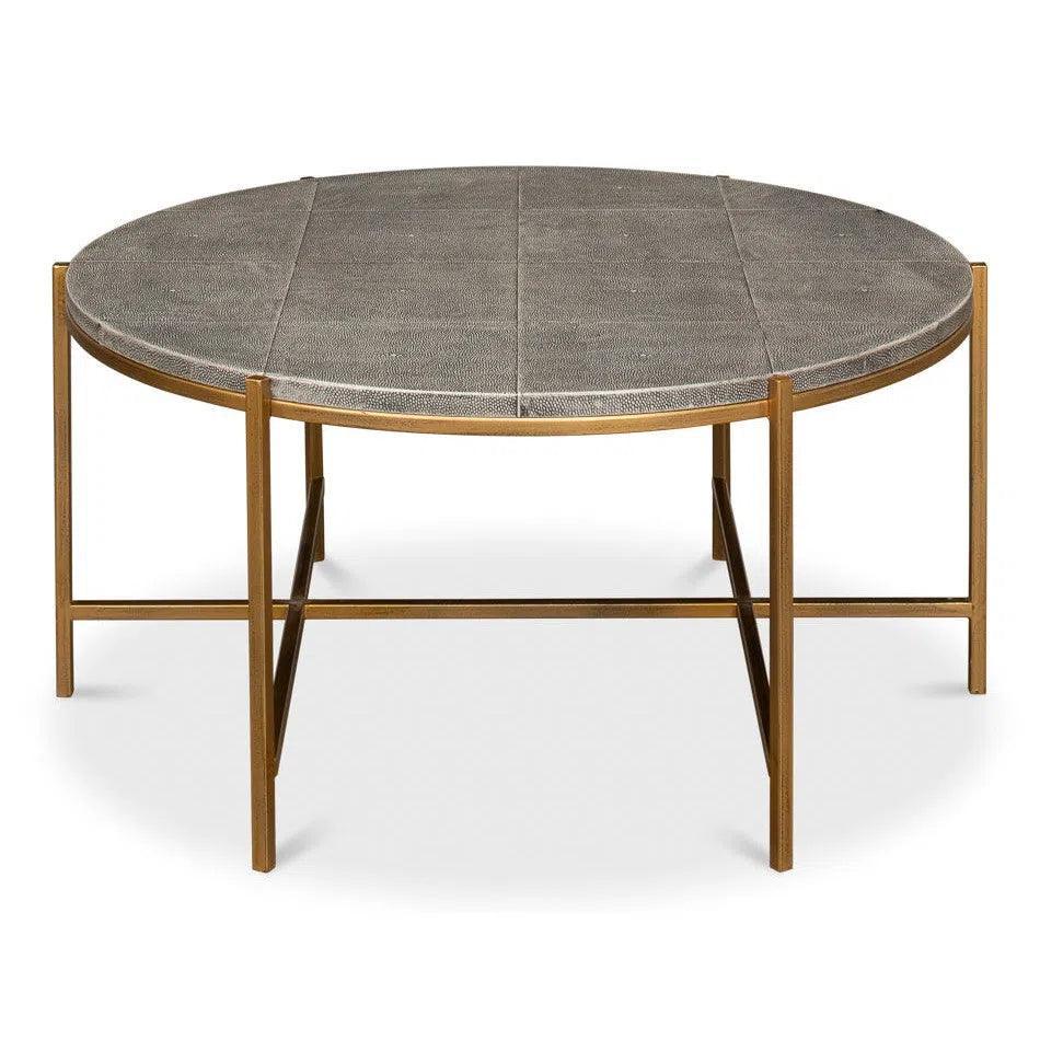 Grey Shagreen Leather Round Coffee Table - LOOMLAN - Sarreid - Coffee Tables