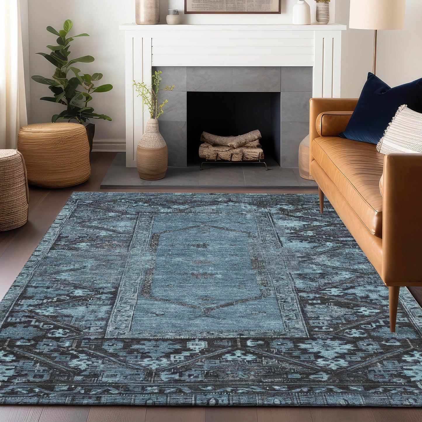 Haelaris Blue Washable Indoor-Outdoor Rug