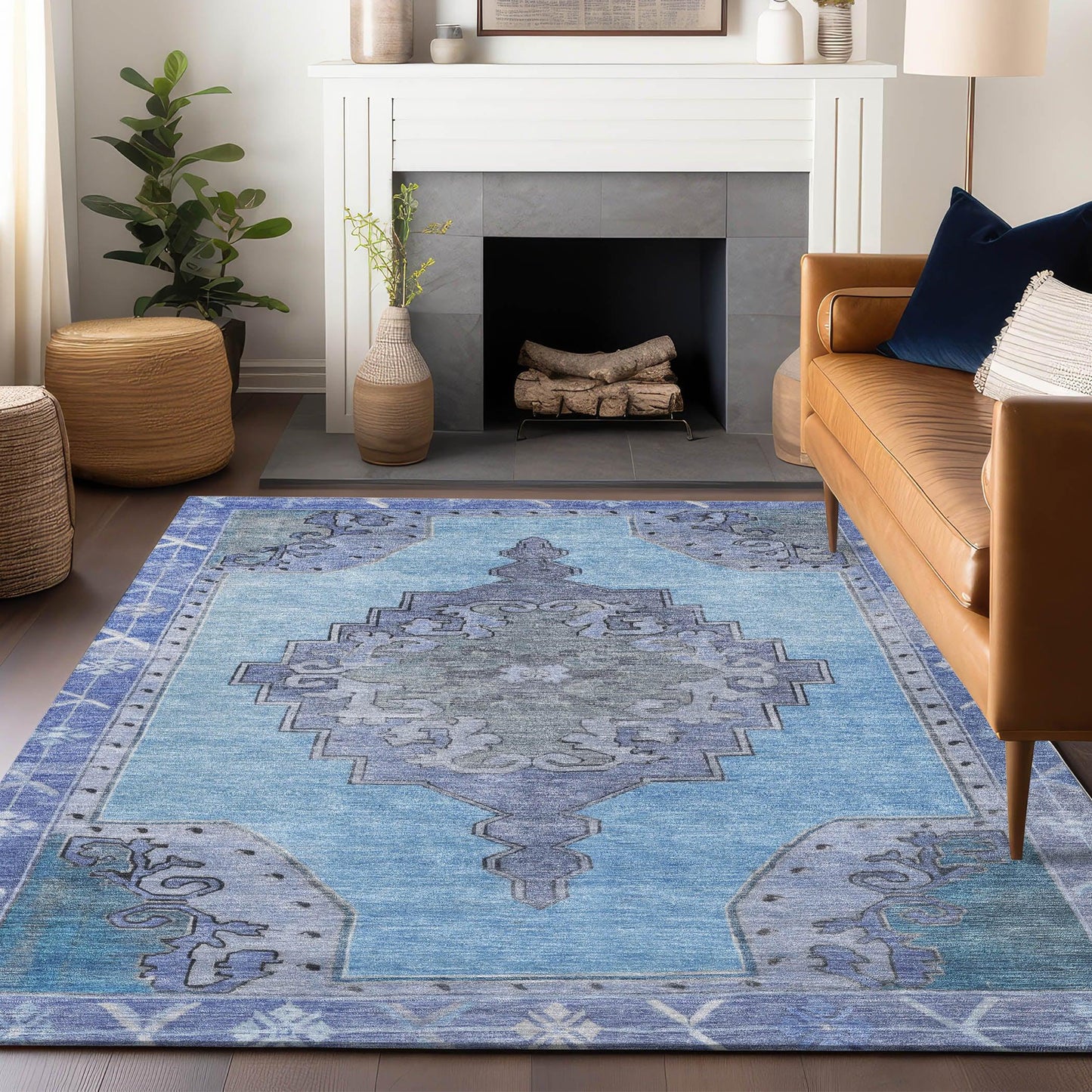 Haelion Blue Washable Indoor-Outdoor Rug