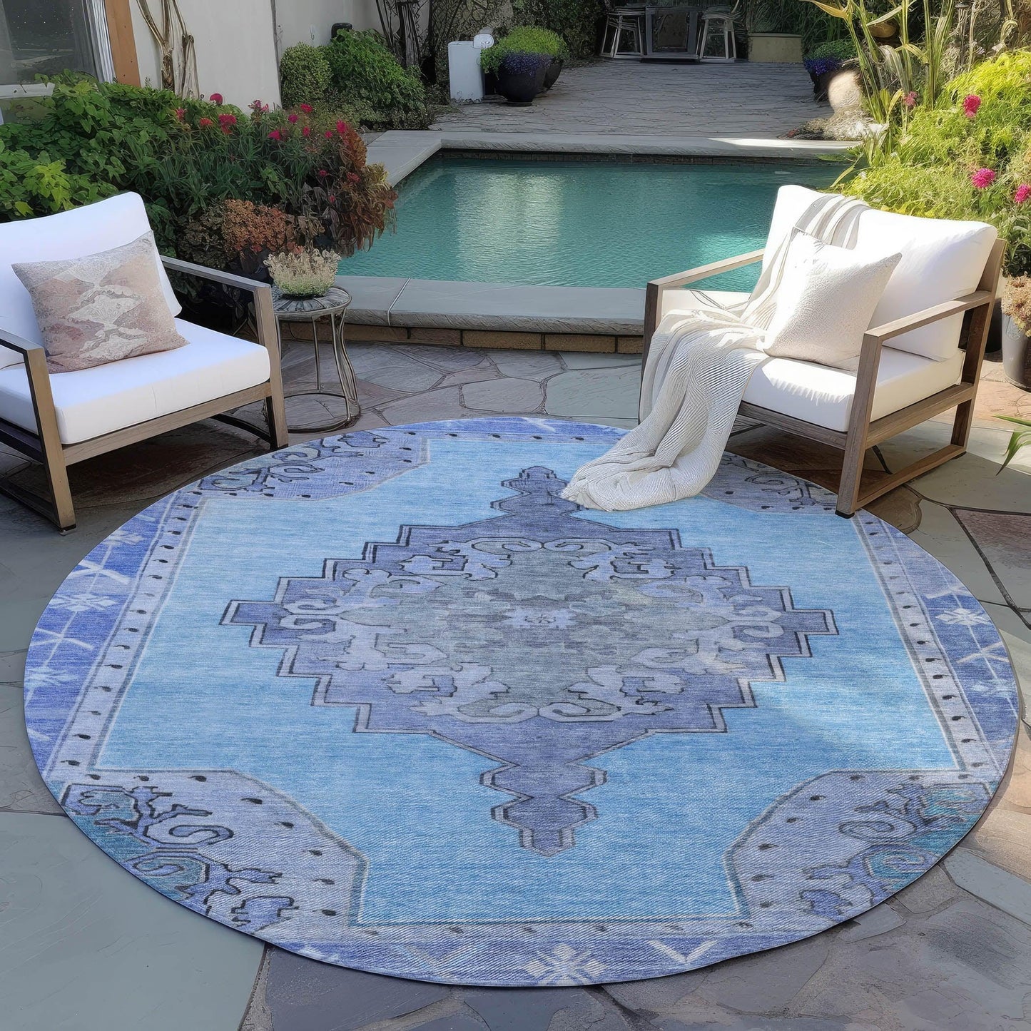 Haelion Blue Washable Indoor-Outdoor Rug