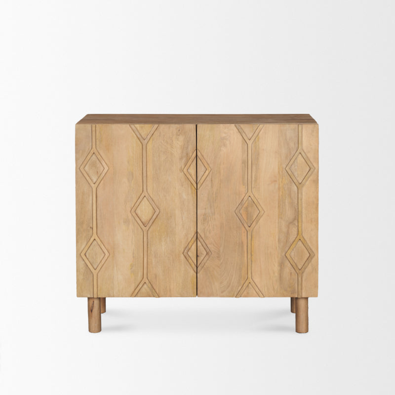 Wooden cabinet with geometric patterns on a white background