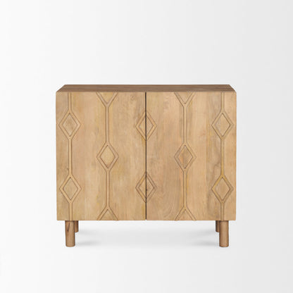 Wooden cabinet with geometric patterns on a white background