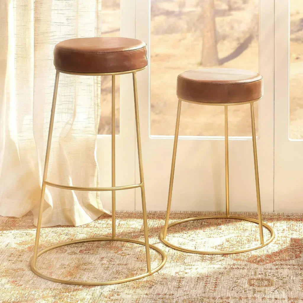 Henry Round Leather Bar Stool - Matte Brown - LOOMLAN - Jamie Young - Bar Stools