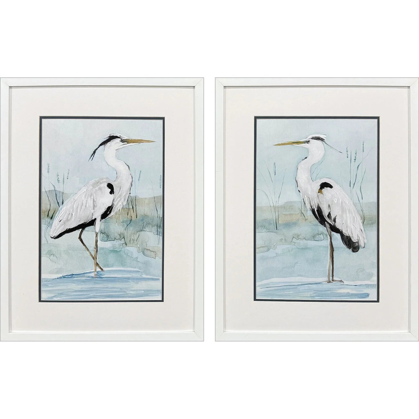 Heron on Blue Blue Framed Wall Art 2PC