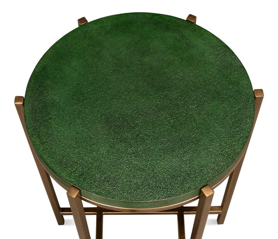 Hobart Green Leather Top Round Side Table - LOOMLAN - Sarreid - Side Tables