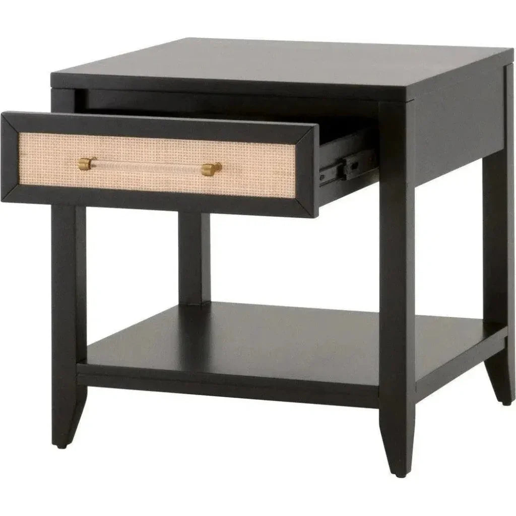 Holland 1 - Drawer Side Table Black Wood & Rattan - LOOMLAN - Essentials For Living - Side Tables