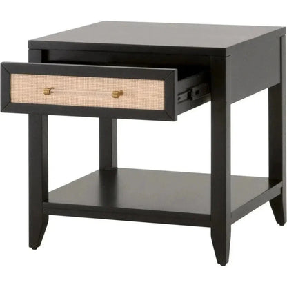 Holland 1 - Drawer Side Table Black Wood & Rattan - LOOMLAN - Essentials For Living - Side Tables