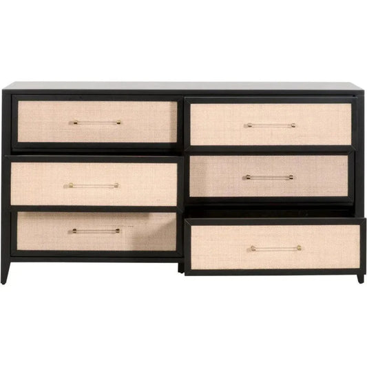 Holland 6 - Drawer Double Dresser Black Wood & Rattan - LOOMLAN - Essentials For Living - Dressers