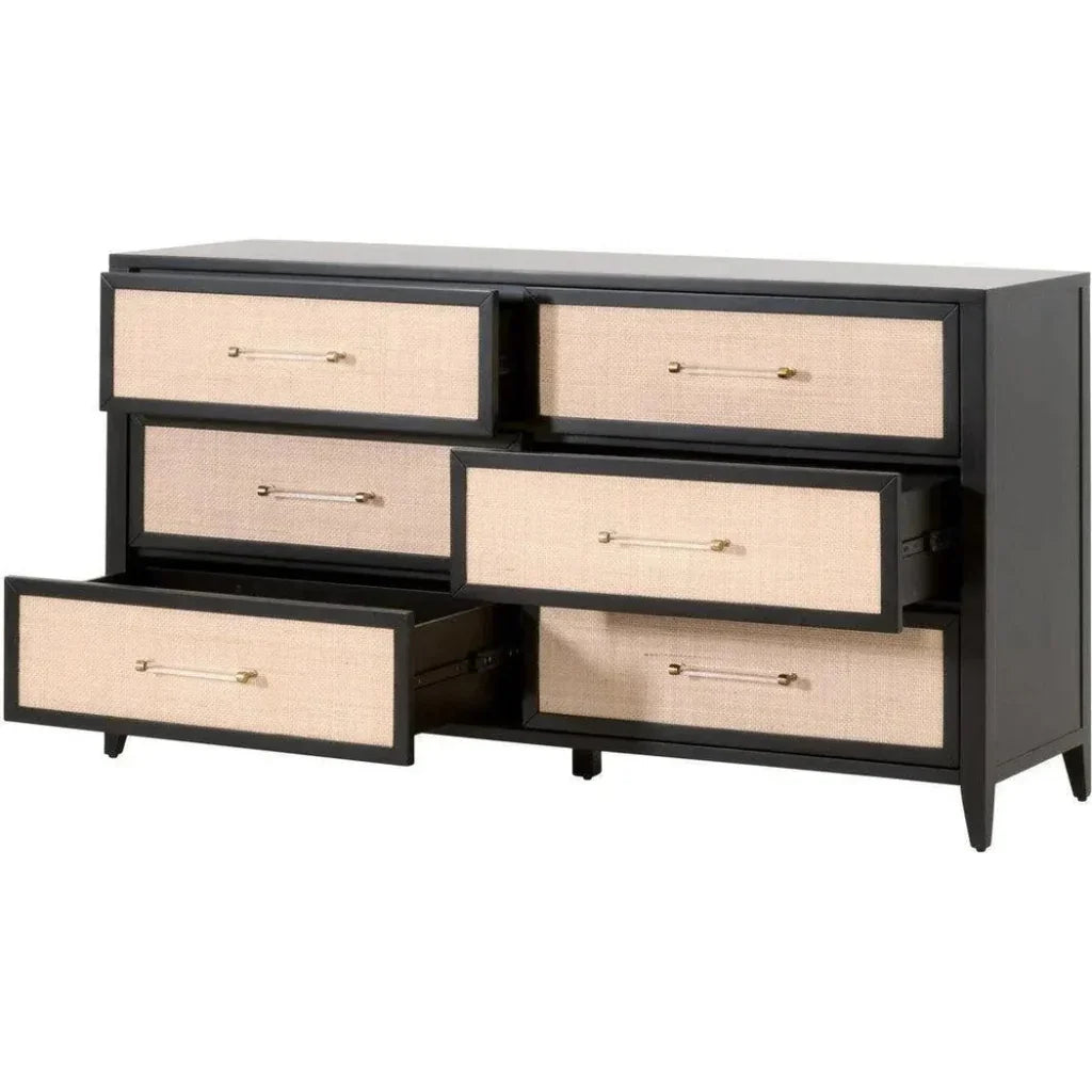 Holland 6 - Drawer Double Dresser Black Wood & Rattan - LOOMLAN - Essentials For Living - Dressers
