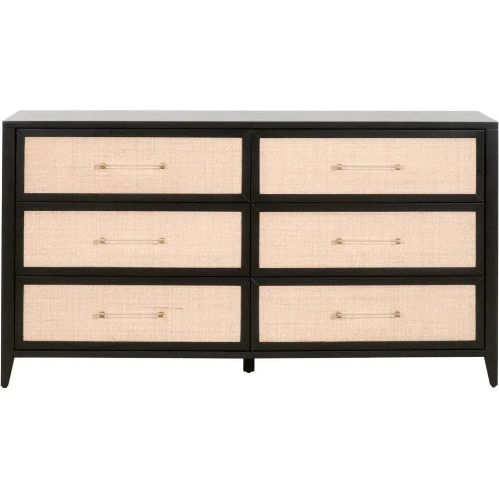 Holland 6 - Drawer Double Dresser Black Wood & Rattan - LOOMLAN - Essentials For Living - Dressers