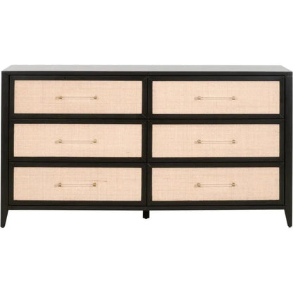 Holland 6 - Drawer Double Dresser Black Wood & Rattan - LOOMLAN - Essentials For Living - Dressers