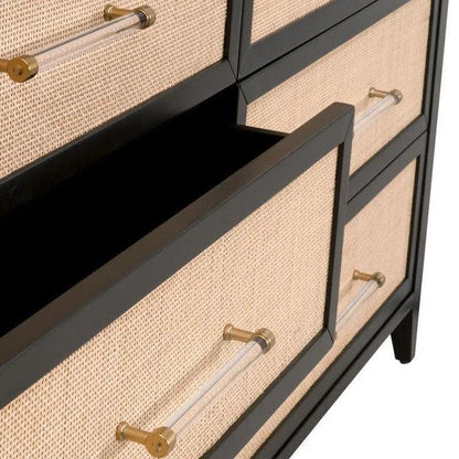 Holland 6 - Drawer Double Dresser Black Wood & Rattan - LOOMLAN - Essentials For Living - Dressers