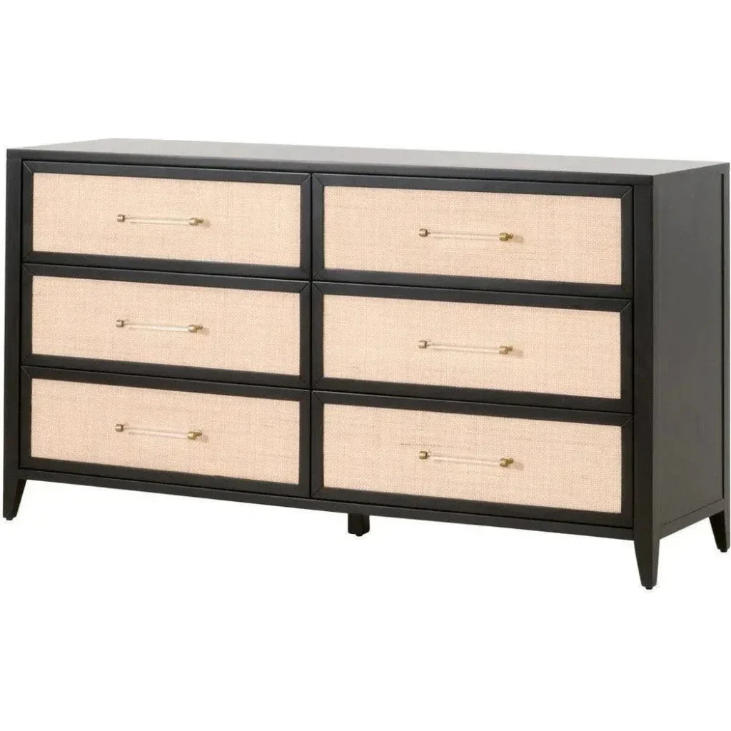 Holland 6 - Drawer Double Dresser Black Wood & Rattan - LOOMLAN - Essentials For Living - Dressers