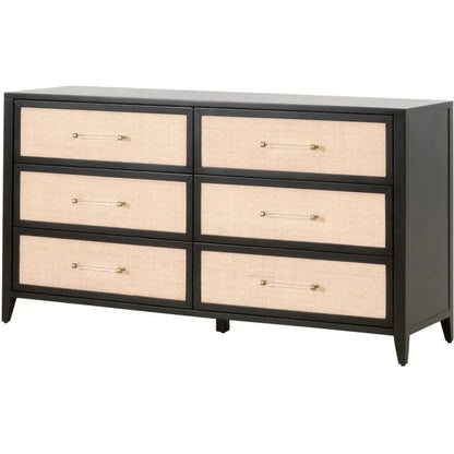 Holland 6 - Drawer Double Dresser Black Wood & Rattan - LOOMLAN - Essentials For Living - Dressers